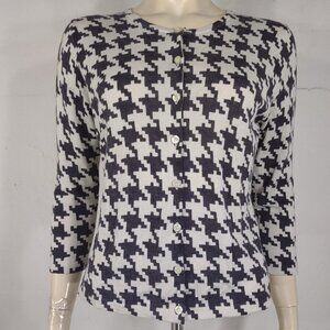 Garnet Hill black white 100% Merino Wool houndstooth cardigan ladies Medium